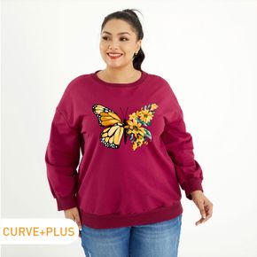 Women Plus Size Graphic Butterfly and Floral Print Round-collar Long-sleeve Pullover