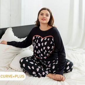 2-piece Women Plus Size Casual Heart Print Long-sleeve Top and Allover Print Pants Pajamas Lounge set