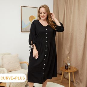 Women Plus Size Casual Button Design Round-collar Tie Sleeve Black Dress