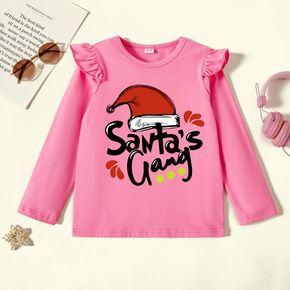 Christmas Kid Girl Graphic Santa and Letter Print Ruffled Long-sleeve Tee