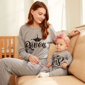 Letter Print Grey Long-sleeve Sweatshirt and Pants Sets for Mom and Me