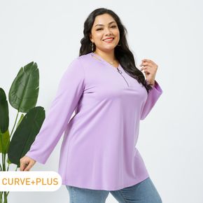 Women Plus Size Elegant Cut Out Zipper Front Light Purple Blouse