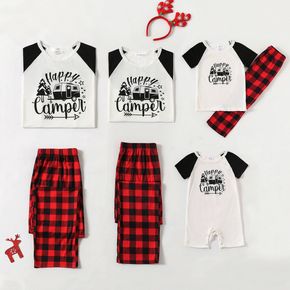 Family Matching Letter and Red Plaid Print Raglan Short Sleeve Pajamas Set(Flame Resistant)