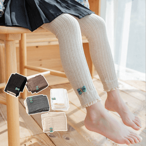 Kid Girl Bowknot Design Ribbed Solid Color Leggings