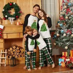 Christmas Tree and Letter Print Family Matching Raglan Long-sleeve Green Plaid Pajamas Sets (Flame Resistant)