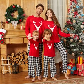 Christmas Deer Print Red Family Matching Long-sleeve Plaid Pajamas Sets (Flame Resistant)