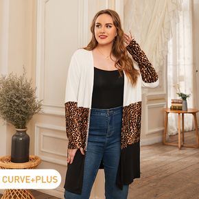 Women Plus Size Casual Leopard Print Colorblock Longline Coat