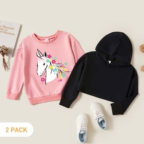 2-Pack Kid Girl Graphic Unicorn and Floral Print Long-sleeve Pullover & Hooded Pullover Set