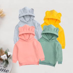 Solid Hooded 3D Ear Decor Fleece-lining Long-sleeve Pink or Green or Yellow or Grey Baby Hoodie Sweatshirt Top