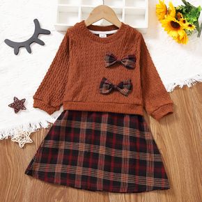 Toddler Girl Faux-two Bowknot Design Cable Knit Textured Plaid Dress