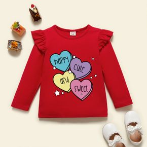 Toddler Girl Graphics Heart-shaped and Stars and Letter Print Ruffle Long-sleeve Tee