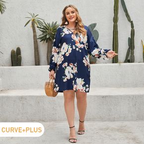Women Plus Size Vacation V Neck Floral Print Long-sleeve Dress