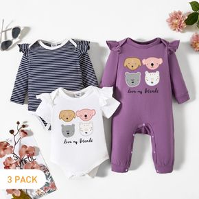 3-Pack Baby Girl Graphic Animal and Letter Print Striped Ruffled Romper Jumpsuit Set