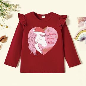 Kid Girl Graphic Unicorn and Heart and Snowflake Print Ruffled Long-sleeve Tee