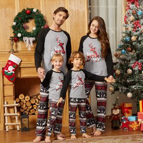 Christmas Plaid Reindeer and Letter Print Grey Family Matching Raglan Long-sleeve Pajamas Sets (Flame Resistant)