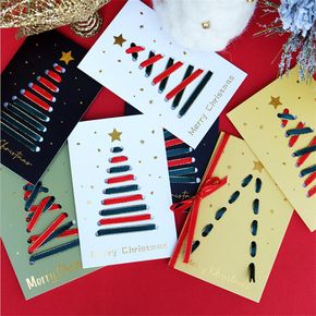 4-pack DIY Ribbon Christmas Tree Merry Christmas Wishes Cards Blessing Greeting Cards