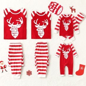 Christmas Reindeer and Letter Print Snug Fit Red Family Matching Raglan Long-sleeve Striped Pajamas Sets