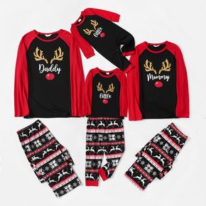 Christmas Antlers and Letter Print Family Matching Red Raglan Long-sleeve Pajamas Sets (Flame Resistant)