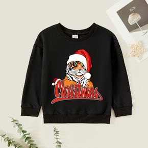 Christmas Kid Boy Graphic Tiger and Letter Print Long-sleeve Pullover