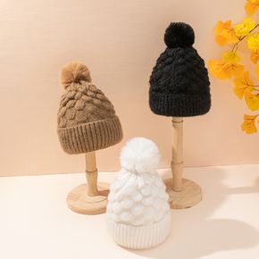 Women Solid Color Fluffy Pompoms Decor Fish Scales Knit Beanie Hat