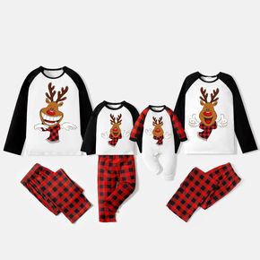 Christmas Cartoon Deer and Letter Print Family Matching Raglan Long-sleeve Red Plaid Pajamas Sets (Flame Resistant)