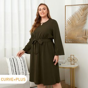 Women Plus Size Basics Hollow out Front Long-sleeve Belted Dress