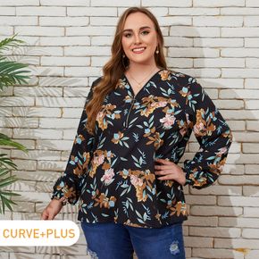 Women Plus Size Casual Floral Print V Neck Zipper Long-sleeve Blouse