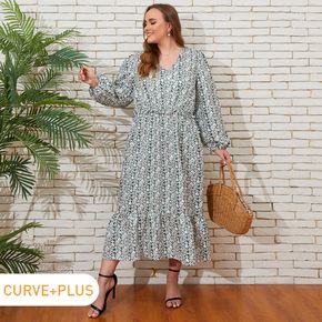 Women Plus Size Vacation Floral Print V Neck Long-sleeve Dress