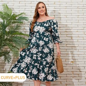 Women Plus Size Vacation Floral Print Off Shoulder Long-sleeve Dress