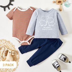 3-Pack Baby Graphic Letter and Elephant Print  Striped Romper Tee Pants Set