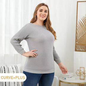suéter feminino plus size casual de gola redonda
