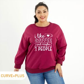 Women Plus Size Graphic Letter and Coffee Drink Print Round Neck Long-sleeve Pullover