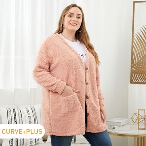 Women Plus Size Casual Open Front Button Design Fuzzy Longline Coat