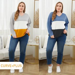 Women Plus Size Casual Colorblock V Neck Long-sleeve Tee