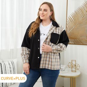 Women Plus Size Casual Plaid Colorblock Lapel Collar Button Design Jacket