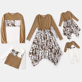 Family Matching Khaki Long-sleeve Floral Print Splicing Irregular Hem Dresses and T-shirts Sets
