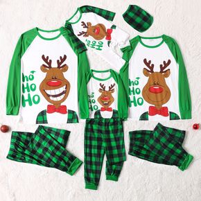 Christmas Elk and Letter Print Family Matching Long-sleeve Green Plaid Pajamas Sets (Flame Resistant)