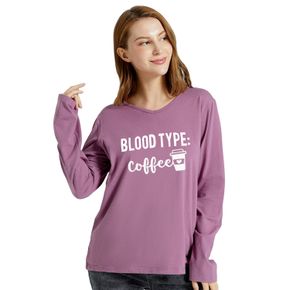 Women Graphic Letter and Coffee Drink Print V Neck Long-sleeve Tee