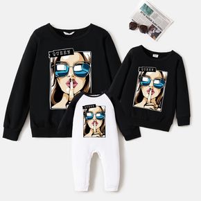 100% Cotton Woman Face Print Black Long-sleeve Sweatshirt for Mom and Me