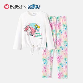 Smurfs  2-piece Kid Girl Unicorn Print Tie Knot Long-sleeve Tee and Tie Dye Pants Set