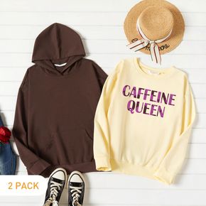 2-Pack Women Graphic Letter Print Long-sleeve Pullover & Hooded Pullover Set