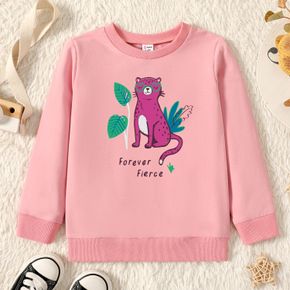 Toddler Girl Graphic Cat and Plant and Letter Print Long-sleeve Pullover