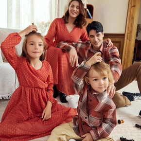 Family Matching Solid Cross Wrap V Neck Swiss Dots Long-sleeve Dresses and Plaid Shirts Sets