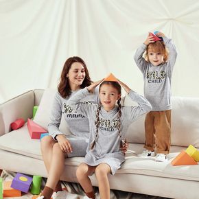 Leopard Letter Print Grey Family Matching Long-sleeve Hooded Sweatshirts Dresses Sets