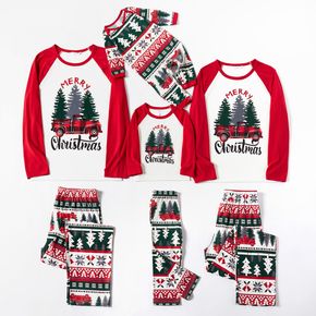 Christmas Tree Car and Letter Print Family Matching Red Raglan Long-sleeve Pajamas Sets (Flame Resistant)