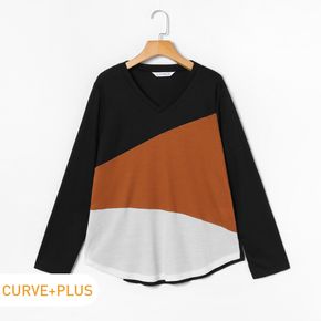 Damen Plus Size Casual Colorblock V-Ausschnitt Langarm-T-Shirt