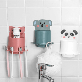 Cartoon Animal Toothbrush Holder Punch-Free Bathroom Accessories Wall-Mounted Mouthwash Cup Comb Toothpaste Tube Storage Rack