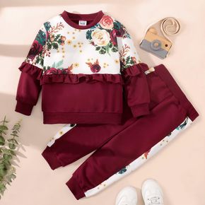 2-piece Toddler Girl Floral Print Ruffled Sweatshirt and Pants Casual Set
