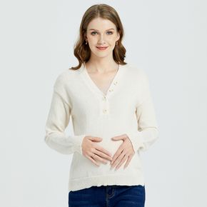 Maternity Button Design Side Slit Hem Long-sleeve Sweater