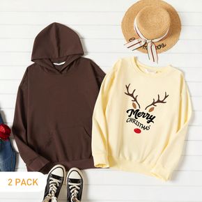 Christmas 2-Pack Women Graphic Letter and Elk Print Long-sleeve Pullover & Hooded Pullover Set